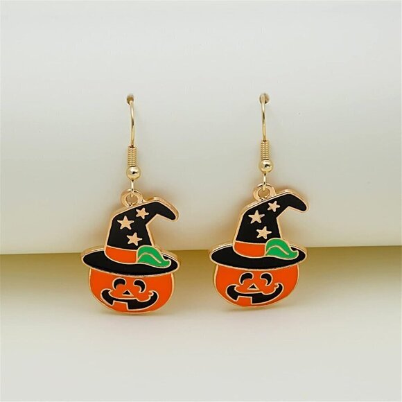 Women Orange Stainless Steel Witch Hat Ghost Halloween Skeleton Spider Earrings - Picture 2 of 2